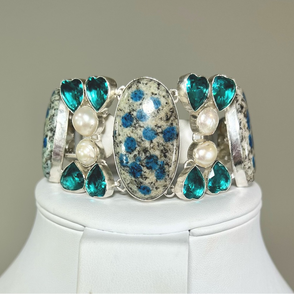 Azurite K2 Pearl Apatite 925 Large Gemstone Bracelet
